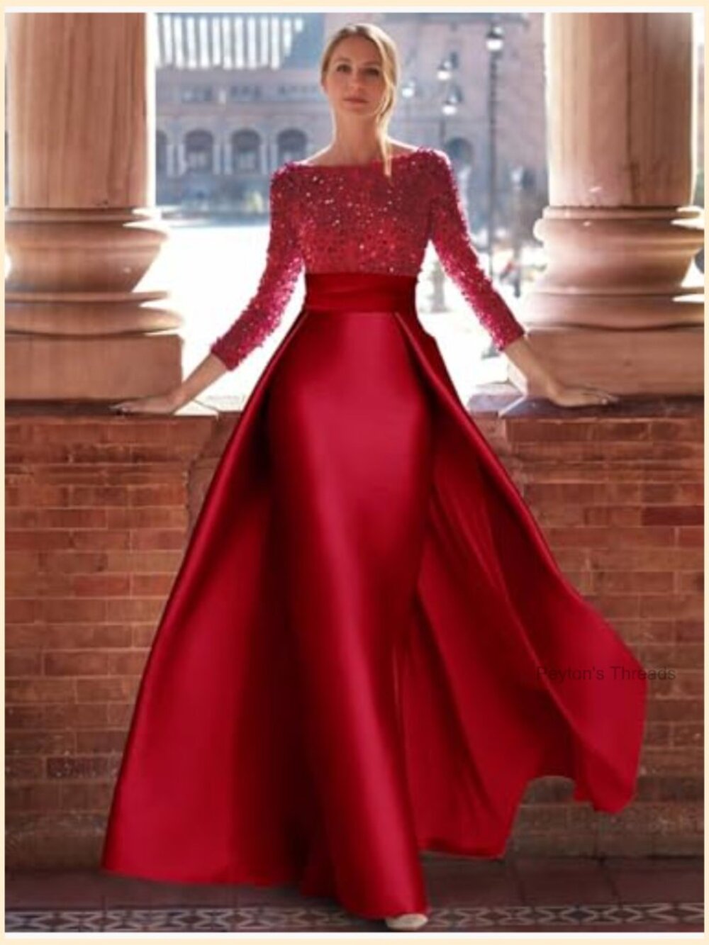 Long Sleeve Sequined A-line Evening Gown with Overskirt Prom Dress - Picture 2 of 7